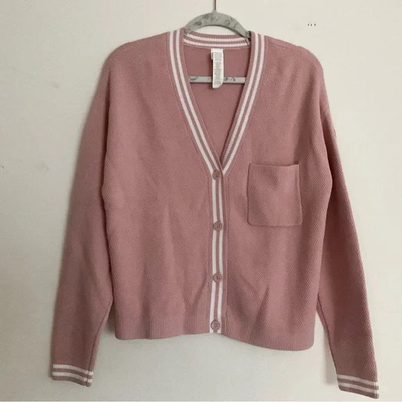 Alo Yoga Tennis Club Sweater Knit Cardigan Ballet Pink/White XS